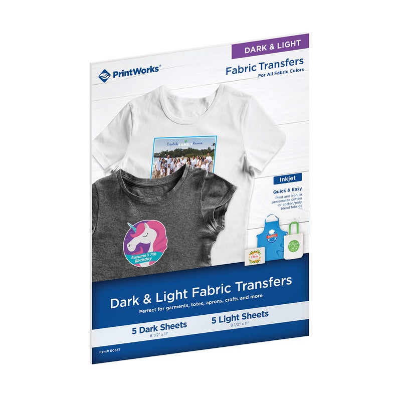 PrintWorks Iron on Heat Transfer Paper for Inkjet Printer - Printable Heat Transfer Vinyl for Dark & Light Fabrics (Printable HTV) - 8.5" x 11" - 10 Sheets - Made in The USA - Iron on Vinyl (00537) - Image 1
